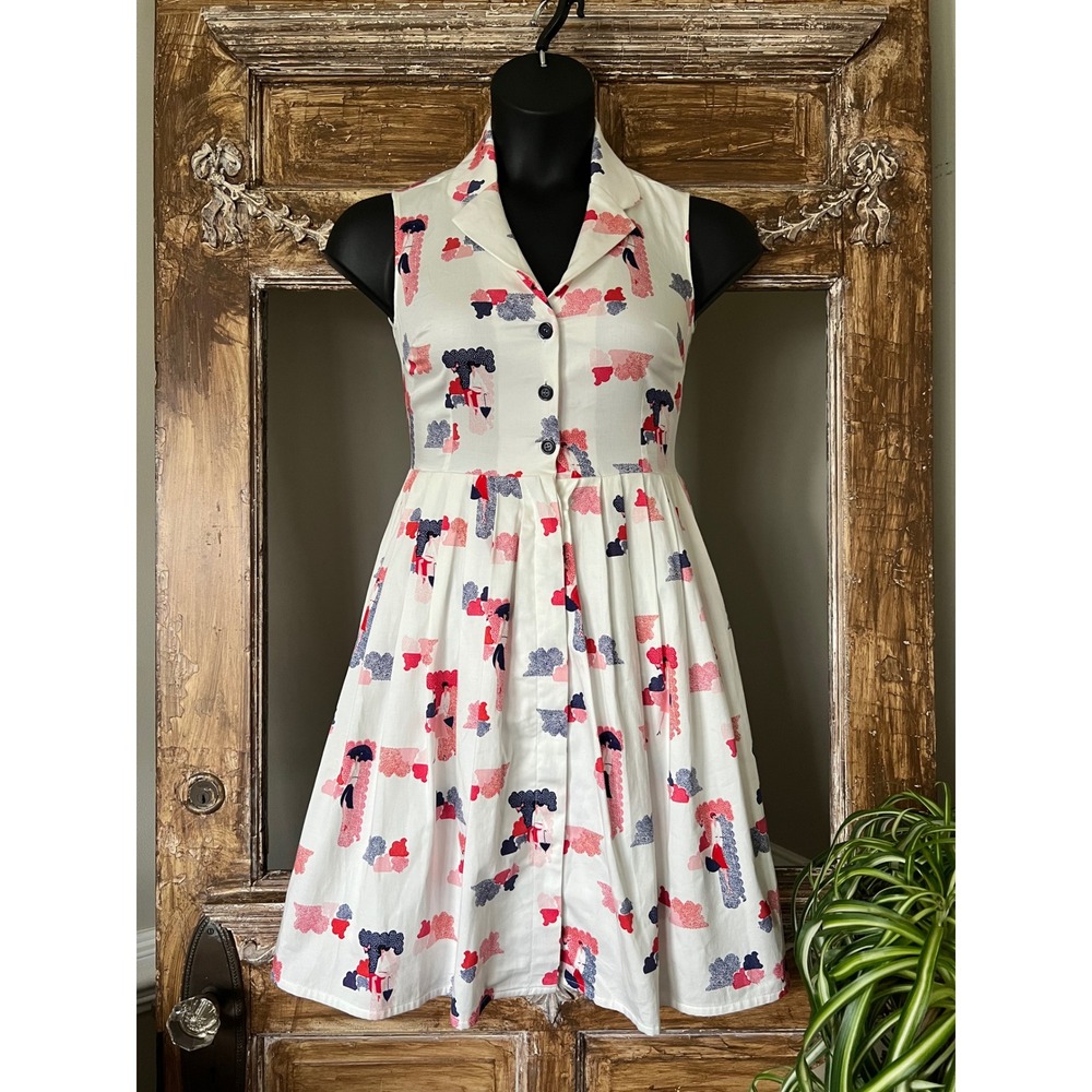 Heroines Sleeveless Dress Abstract Print Button Front Red White Blue‎ Size 6